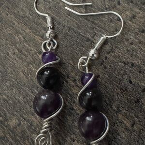 Genuine Amethyst and Silver Obsidian Dangle Earrings